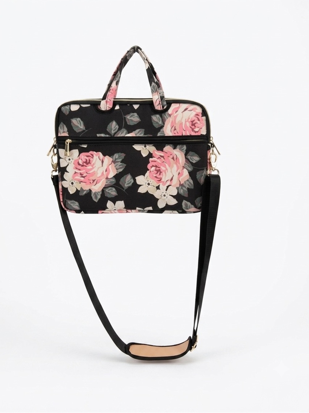 Floral Convertible Laptop Bag - Black with Pink Roses